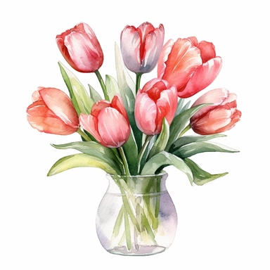 Watercolor tulip in vase bouquet clipart , white background