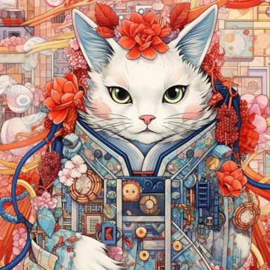 Construct a generative art installation that uses algorithmic techniques to create an ever - changing display of comical manga panels, featuring iconic Japanese characters experiencing humorous and unexpected situations, Ragdoll cat wearing a beauty of Japan kimono. incredibly detailed, sharpen details, watercolor & Gouache painting, Premium clipart, clean line, on only white background, spaced out, award winning picture, incredibly detailed, sharpen details, Color Grading, Ultra - Wide Angle, D