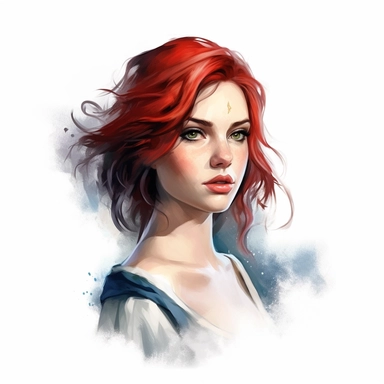 beautiful stunning pretty young woman as Triss from The witcher character, paint art style, clipart, white background, superrealistic, one of a kind