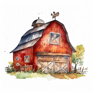 Barn, watercolor, doodle,fable, child book, clip art, transparent background, 300 dpi, nursery illustration, minimalist, vector illustration, optimistic