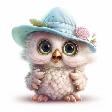 clipart happy baby owl with hat, summer pastel colors, 8k, white background