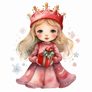 Cute christmas princess present watercolor Clipart