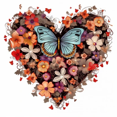 clipart style image of a hollow heart shape made up of flowers and butterflies