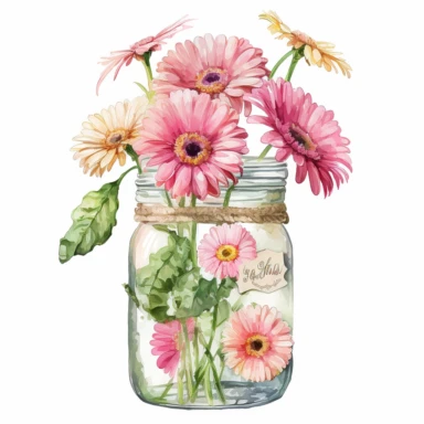 watercolor Pink Gerbera Clipart Pink Gerbera floral bouquet in the jar, white background, no text
