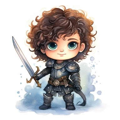 Clipart of a cute little happy warrior. He is brunette and curly hair and with green eyes. The background is watercolour and sparkly. Wearing black and blue. knight outfit. full body