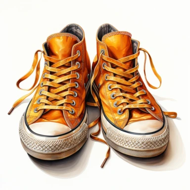orange hand drawn , watercolor, hyper realistic, white background, white margins, 16k, ultra detailed clipart, cut out image, hand-drawn, ultra HD, sharp and clean art , a pair of vintage old worn sneakers 1940 -1950 era , capturing the romantic and feminine aesthetics often associated with vintage fashion and travel, Clipart