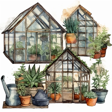 watercolor greenhouse elements clipart, moody colors, sublimation style