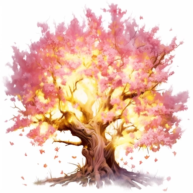 cherry blossom banana oak tree, oak white fire flame, light, golden sun, mighty flowers, pristine, sparkling, white flame, fire light mega epic flowers of epicness, cool and spiky, owning everything, floral art, no background, beautiful, no text, clipart, watercolor