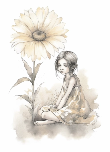 a single spring flower, in the style of magali villeneuve, jon j muth, carl larsson, dreamy world, closest to watercolor illustrations, soft color palette with ligh beige and gray, children's illustrations, solid white background, clipart