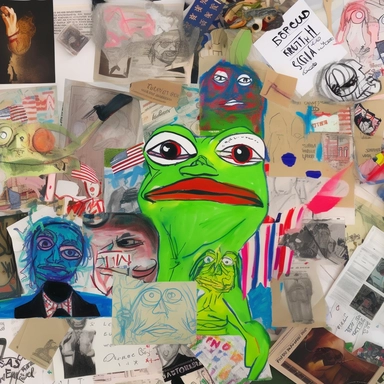 a mixed media colorful compostion of pepe the frog including sketches of big fish, sketches of men at the computer, a fish being killed, bonfires, maps, handwritten cursive love letters, newspaper clippings of presidential elections, sketches of snorklers in the style of davinci, photographs of beaches, small handwritten notes and tropical themes in the montage style of tony caramanico