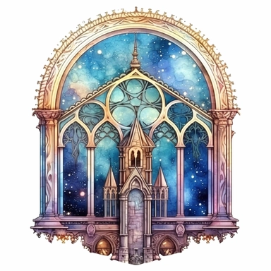 Celestial galaxy Fantasy Victorian window Clipart, Watercolor, hyper realistic, intricate detail, illustration style, high resolution, on the white background