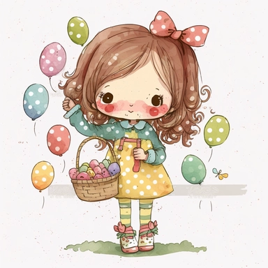 watercolor cartoon chibi young girl holding a vasket of easter eggs clipart, flat watercolor style, popular on etsy, featured on dribble, watercolor illustration clipart, watercolour clipart, watercolor illlustration for kids and children, print on demand image, PNG tranparent background no watermark, text, word, multiple hands, multiple foot, multiple leg, multiple finger, frame v 4 2
