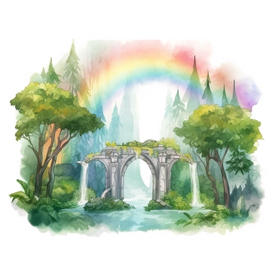 a watercolor of a atlantis forrest scenery with rainbow, realistic fantasy Style, vector free clipart illustration, in the style of unreal engine 5, 32k uhd, detailed features, white background