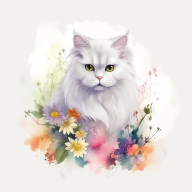 a white fluffy cat with wildflowers, Clipart pastel, style is watercolor, soft face, Adorable, Charming , Endearing , fluffy, Furry, Gentle, innocent Playful, Precious, soft, Sweet, Tender, Whimsical, 4k