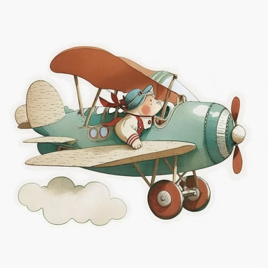 a whimsical illustration of Retro Airplane Clipart, featuring a classic plane flying, by Beatrix Potter, white background