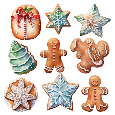 watercolor christmas cookies, watercolor christmas ginger bread, watercolor christmas gingerbread, different designs, white icing, watercolor clip art, white background, highly detailed, 8k, clip art