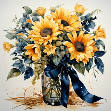 bouquet sunflowers in a jar wrapped in blue ribbon, in the style of photo realistic and hyper-detailed watercolor, sketchfab, ahmed morsi, realistic watercolor, use of common materials, handcrafted designs, clipart with white background