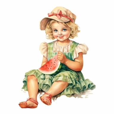 vintage adorable little girl eating watermelon, full body, pastel beige colors, clipart style, accurate details, watercolor technique, super high quality, professional watercolor clipart, high resolution