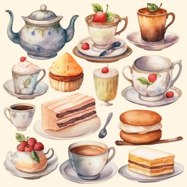 Watercolor vintage tea party items, illustrations clipart set, simple, soft colors, cartoon elements, different variants, teapot, sugar bowl, bun, jug of milk, cake stand, scones, china cup and saucer, , napkin, clotted cream, , knife, fork, jam, slice of cake on plate, tea cups, stacked teacups, lemondish, butter and bisciuits, , tea jars, , separate elements with a margin