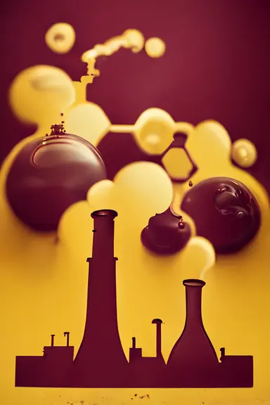 chemical industry in maroon and gold silhouette, factory, chemical bonds, scientific, 2D, clipart, icons, insane details, intricate, 35mm