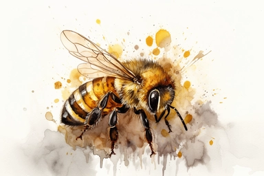 a watercolor clipart of a honey bee with delicate and fine brushstrokes, depicting the bee's fuzzy body, translucent wings, and long antennae. Add a touch of floral elements around the bee, such as colorful flowers or green leaves, to evoke the bee's role in pollination. The color palette should be bright and cheerful, with a focus on golden yellows, warm oranges, and soft browns. Overall, the artwork should convey the beauty and importance of this small but vital insect in nature