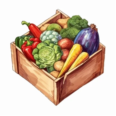 watercolor a box full of vegetables with carrots, broccoli, tomatoes and beets, in the style of watercolorist, human-canvas integration, rtx on, oshare kei, installation-based, eye-catching, warmcore Clipart desert cartoon t-shirt graphic, vector, contour, isolated on a white background