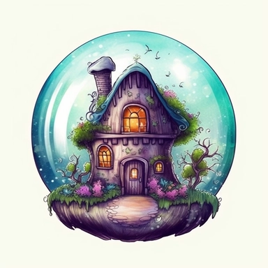 watercolor fairy house globe, illustration clipart, detailed, black outline, white background, digital art