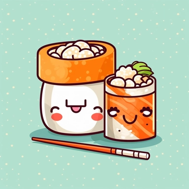 A Kawaii style illustration of a sushi roll with a happy face and chopsticks. Clipart set.