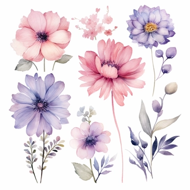 A collection of watercolor pastel flowers, with a romantic flair, incorporating pastel hues. clipart. watercolor. outlined. white background