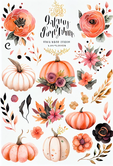 a pretty boho fun art collection on a white background with margins, pink orange and black Halloween pumpkins, watercolor, clipart,
