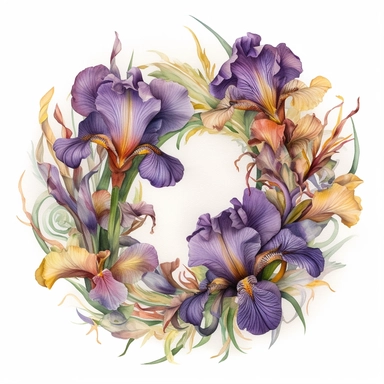 Watercolor Painting of beautiful multi - headed Iris Wreath FLOWERS on white background DETAILED ILUSTRATION, Flora Design Patterns, Flemish Baroque by Rachel Ruysch, Behance, Rococo, Intricate Detailed, Soft Light Effect, Oil Paint Strokes, Light Academia Aesthetic Flowers, Lighting cinematic, all shown shimmering stamens, tyndall light, texture, colorful, 8k, fantasy, ray tracing, vivid, spectacular lighting, octane rendering, highly detailed, ultra - realistic, white background, clipart