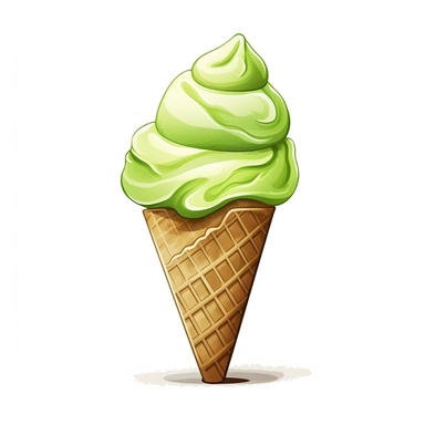 lime GREEN ice cream in a cone, marshmallow on top, clipart, clean lines, white background