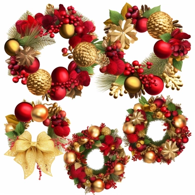 lowers wreaths for christmas clipart, spring clipart, single design include red and gold balls and christmas bells, 8k