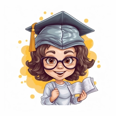 Graduation cap and diploma, brain with glasses, young happy child, girl, vector style graphic, positive vibe, clipart, single design, white background