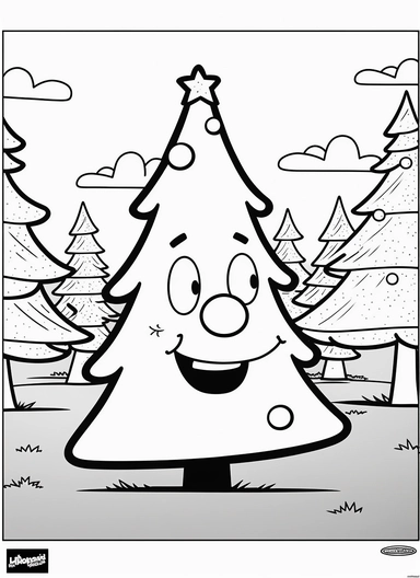 line art, black and white, happy Christmas tree on a meadow, front view, detailed face, full head with ears, sketch, coloring page for kids, coloring page for children, thick lines, cartoon, drawing, printable outlined art, crisp lines, No background, cli