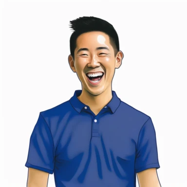 photo-realistic happy Asian man, age 25, wearing a royal blue polo shirt, laughing at a funny joke:3 on white background for vector clipart