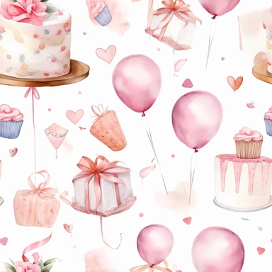 A cute collection on white with margins of birthday icon birthday cake, balloons, hearts, flowers, presents, watercolor, vector, clipart, elaborate, ultra - detailed, soft colors, rose gold and pink high definition, UHD