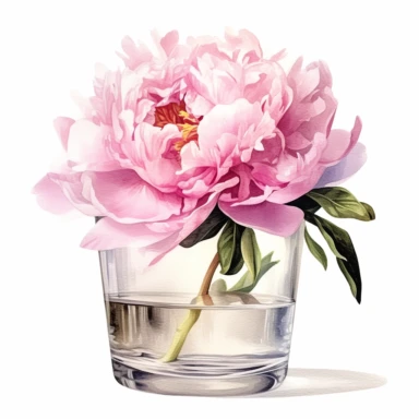 One Peony in Glass Vase Clipart on a white background, in the style of hyperrealistic illustrations, white and pink, realistic watercolor paintings, holotone printing, precise perspective, high resolution, les nabis, no watermark, text, words, paintbrush, typography , the images don't stick together, no words in the vase