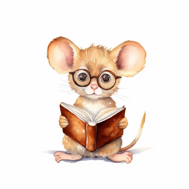 watercolor clipart, cute little brown mouse wearing glasses and reading a book, soft golden glow, isolated and centered on a white background