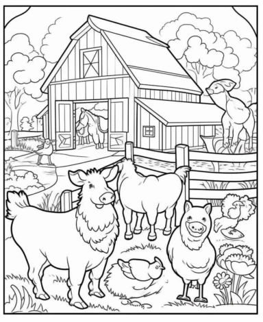 Create a coloring page showcasing various farm animals interacting in a farmyard. Include cows, chickens, pigs, horses, and ducks, along with a farmer or a farmer's child feeding them coloring page with Farming background design as an outline art drawing with thick bold clear lines that are neatly joined up together, outline, clipart, no colors, no shadows, no details, HD
