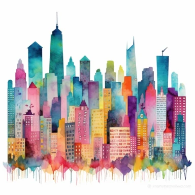 New York skyline isolated on white background, clipart, loose, watercolour gouache, textured, paper, naive folk art, whimsical, Lilla Rogers agency illustrator, isometric perspective, storybook style, bright vibrant colours, turquoise, teal, pink, purple, orange, yellow, blue, subtle patterns, stripes, dots, floral