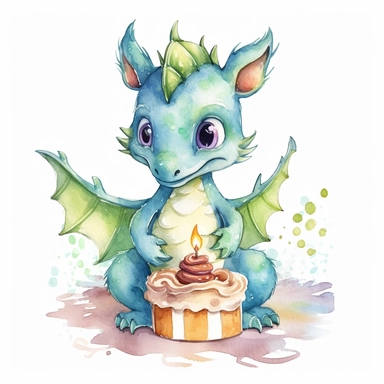 Cute happy Watercolor cake Baby Dragon Clipart, on a white background