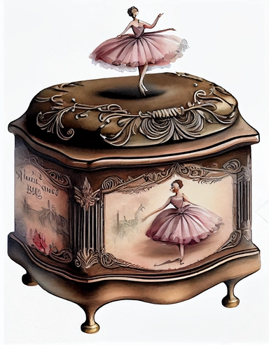 detailed watercolor victorian vintage music box with ballerina on top, realistic, isolated on white backgorund, clipart