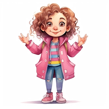 4 year old cartoon Pretty girl, cute cartoon white skin girl with medium lenght curly hair and brown eyes, wearing fuchsia t-shirt, pink coat, blue jeans and pink sneakers, smiling with her arms crossed. Pixar childrens book cartoon style, detailed, modern, urban, watercolor, full color, flat color, white background, children book illustration. Watercolor clipart. Pixar animation