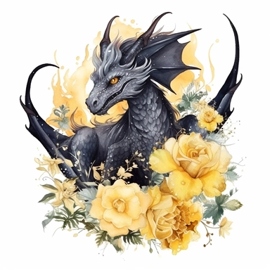 Fantasy magic black Dragon with yellow flower Watercolor Clipart, white background