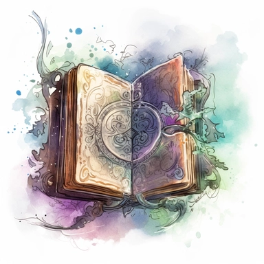An antique-inspired clipart design of an old magic book, featuring intricate details, worn edges, and a mystical aura, perfect for adding a touch of enchantment to your designs, watercolor
