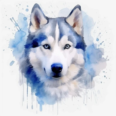 watercolor husky with blue eyes, all white husky, cute, adorable, cute, clipart