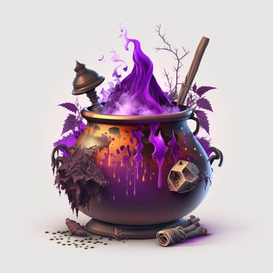 wizard cauldron, mystical, magical, bridge, potionts, purple colours, high definition, high quality, clip art, white background