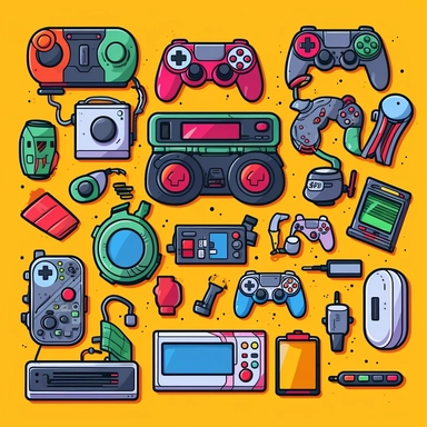 Design a clipart set that depicts various iconic video game characters, platforms, and accessories. Add images of different video game consoles like Nintendo Switch, Xbox, or PlayStation, and include controllers, headsets, and other gaming accessories