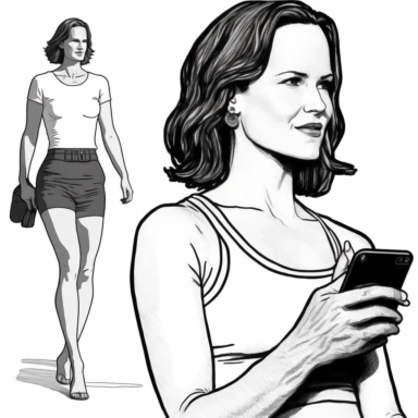 zoomed out view, woman looking at her iphone, looks like jennifer garner, looks like wii fit instructor character, age 46, full body and face, black and white, adobe illustrator, illustration, line art, dynamic composition, forced perspective, clipart, realistic, blank background